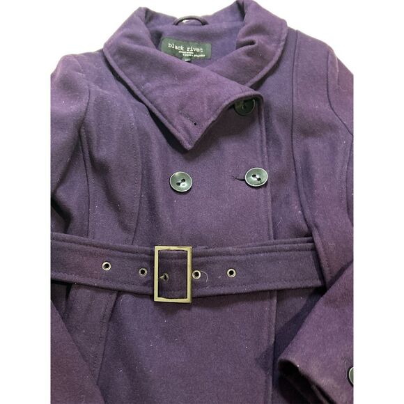 Black Rivet Dark Purple/EggPlant Wool Blend Belted Pea Coat, Size M. - Picture 7 of 10